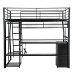 Lit mezzanine double en métal avec bureau, éclairage LED RVB, station de recharge, armoire ouverte et étagères de rangement
