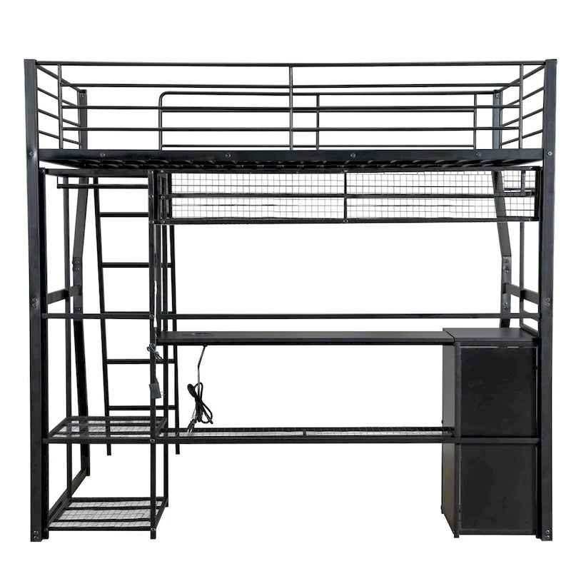 Lit mezzanine double en métal avec bureau, éclairage LED RVB, station de recharge, armoire ouverte et étagères de rangement