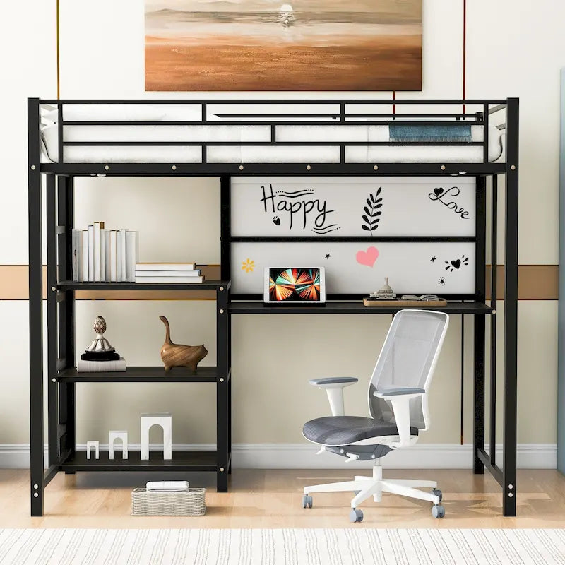 Lit mezzanine en acier avec bureau, tableau blanc intégré, 3 étagères à gauche et échelle intégrée