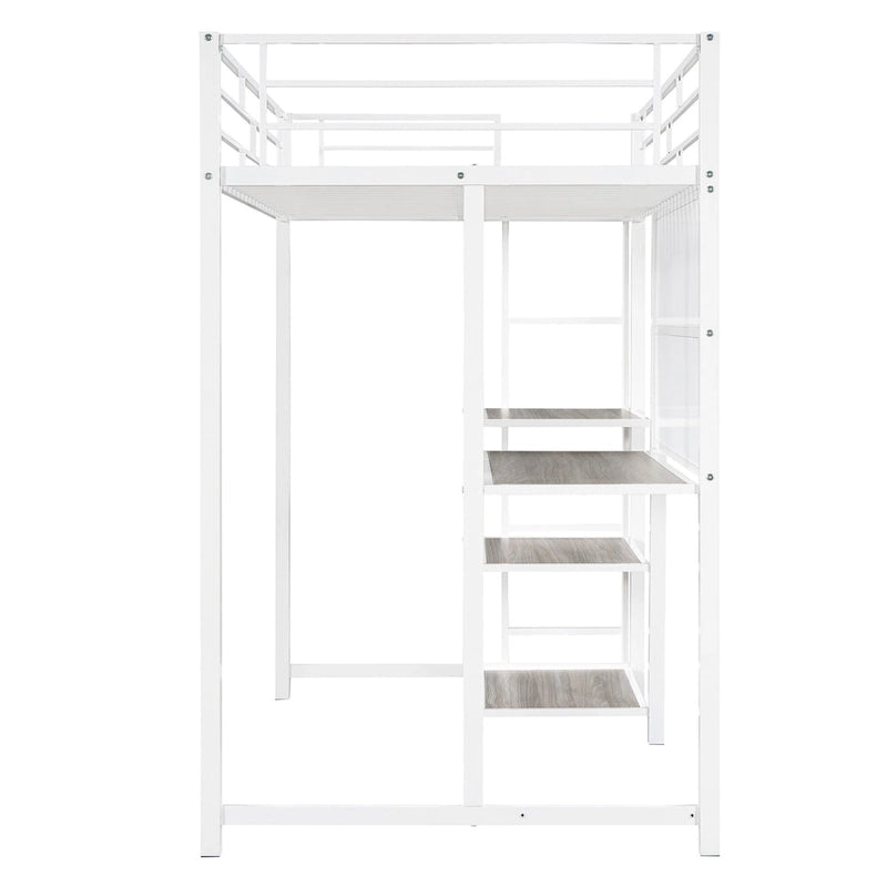 Lit mezzanine en acier avec bureau, tableau blanc intégré, 3 étagères à gauche et échelle intégrée