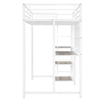 Lit mezzanine en acier avec bureau, tableau blanc intégré, 3 étagères à gauche et échelle intégrée