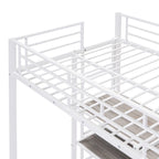Lit mezzanine en acier avec bureau, tableau blanc intégré, 3 étagères à gauche et échelle intégrée