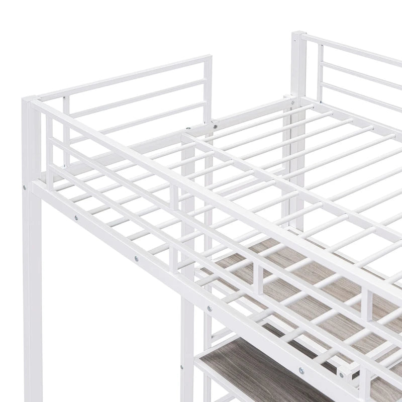 Lit mezzanine en acier avec bureau, tableau blanc intégré, 3 étagères à gauche et échelle intégrée