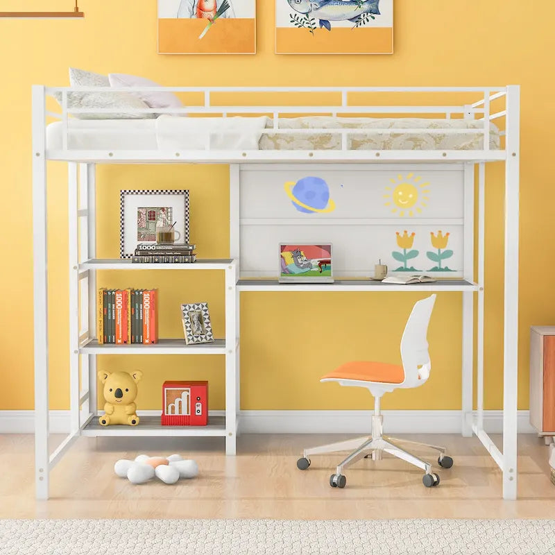 Lit mezzanine en acier avec bureau, tableau blanc intégré, 3 étagères à gauche et échelle intégrée