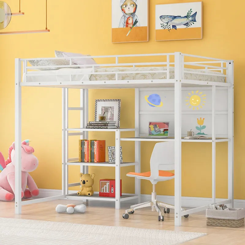 Lit mezzanine en acier avec bureau, tableau blanc intégré, 3 étagères à gauche et échelle intégrée