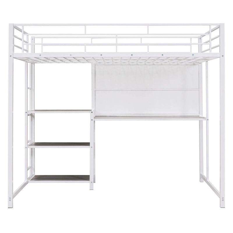 Lit mezzanine en acier avec bureau, tableau blanc intégré, 3 étagères à gauche et échelle intégrée