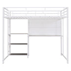 Lit mezzanine en acier avec bureau, tableau blanc intégré, 3 étagères à gauche et échelle intégrée
