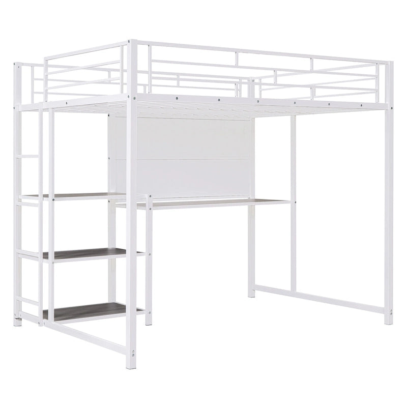 Lit mezzanine en acier avec bureau, tableau blanc intégré, 3 étagères à gauche et échelle intégrée