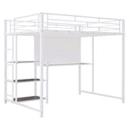 Lit mezzanine en acier avec bureau, tableau blanc intégré, 3 étagères à gauche et échelle intégrée