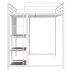 Lit mezzanine en acier avec bureau, tableau blanc intégré, 3 étagères à gauche et échelle intégrée