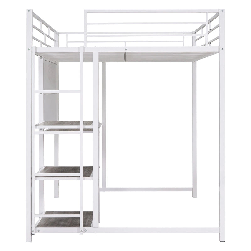 Lit mezzanine en acier avec bureau, tableau blanc intégré, 3 étagères à gauche et échelle intégrée