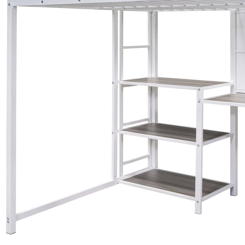 Lit mezzanine en acier avec bureau, tableau blanc intégré, 3 étagères à gauche et échelle intégrée