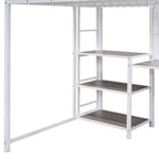 Lit mezzanine en acier avec bureau, tableau blanc intégré, 3 étagères à gauche et échelle intégrée