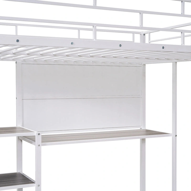 Lit mezzanine en acier avec bureau, tableau blanc intégré, 3 étagères à gauche et échelle intégrée