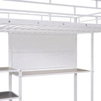 Lit mezzanine en acier avec bureau, tableau blanc intégré, 3 étagères à gauche et échelle intégrée