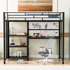 Lit mezzanine en acier avec bureau, tableau blanc intégré, 3 étagères à gauche et échelle intégrée