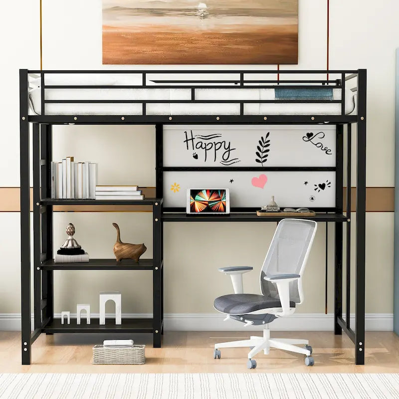Lit mezzanine en acier avec bureau, tableau blanc intégré, 3 étagères à gauche et échelle intégrée