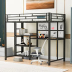 Lit mezzanine en acier avec bureau, tableau blanc intégré, 3 étagères à gauche et échelle intégrée