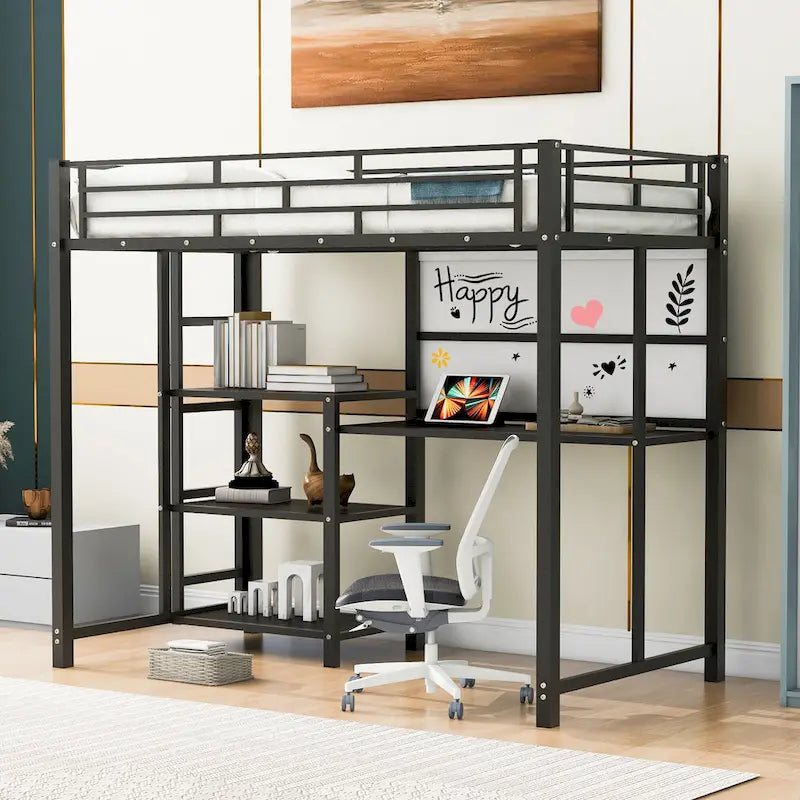 Lit mezzanine en acier avec bureau, tableau blanc intégré, 3 étagères à gauche et échelle intégrée