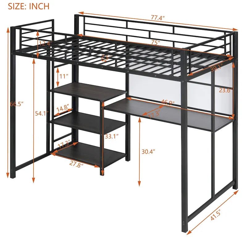 Lit mezzanine en acier avec bureau, tableau blanc intégré, 3 étagères à gauche et échelle intégrée