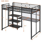 Lit mezzanine en acier avec bureau, tableau blanc intégré, 3 étagères à gauche et échelle intégrée