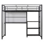 Lit mezzanine en acier avec bureau, tableau blanc intégré, 3 étagères à gauche et échelle intégrée