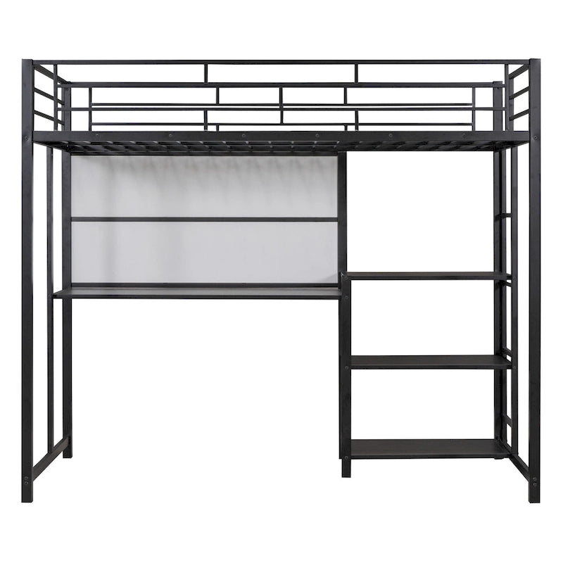 Lit mezzanine en acier avec bureau, tableau blanc intégré, 3 étagères à gauche et échelle intégrée