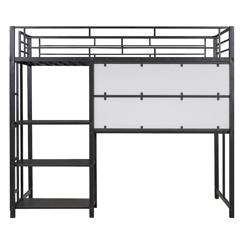 Lit mezzanine en acier avec bureau, tableau blanc intégré, 3 étagères à gauche et échelle intégrée