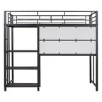 Lit mezzanine en acier avec bureau, tableau blanc intégré, 3 étagères à gauche et échelle intégrée