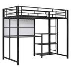 Lit mezzanine en acier avec bureau, tableau blanc intégré, 3 étagères à gauche et échelle intégrée