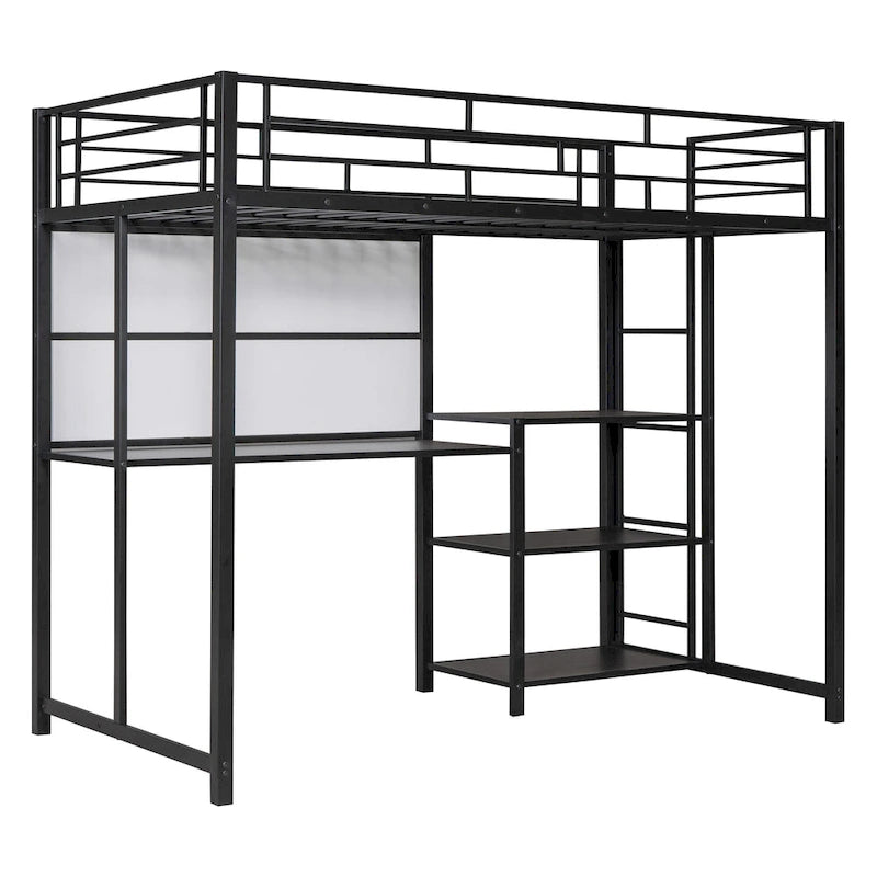 Lit mezzanine en acier avec bureau, tableau blanc intégré, 3 étagères à gauche et échelle intégrée