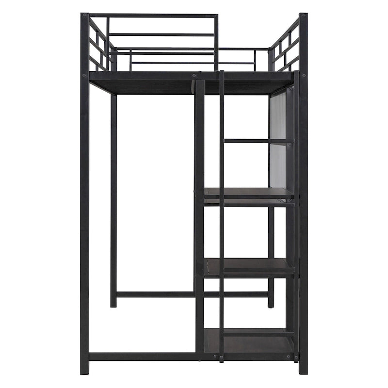 Lit mezzanine en acier avec bureau, tableau blanc intégré, 3 étagères à gauche et échelle intégrée