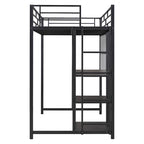 Lit mezzanine en acier avec bureau, tableau blanc intégré, 3 étagères à gauche et échelle intégrée