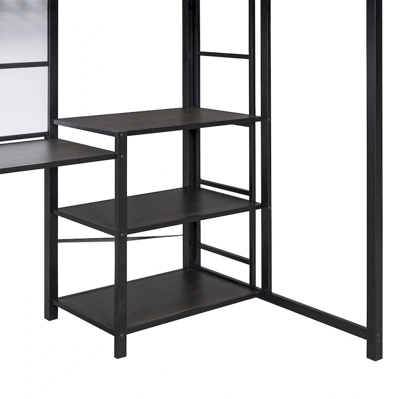 Lit mezzanine en acier avec bureau, tableau blanc intégré, 3 étagères à gauche et échelle intégrée