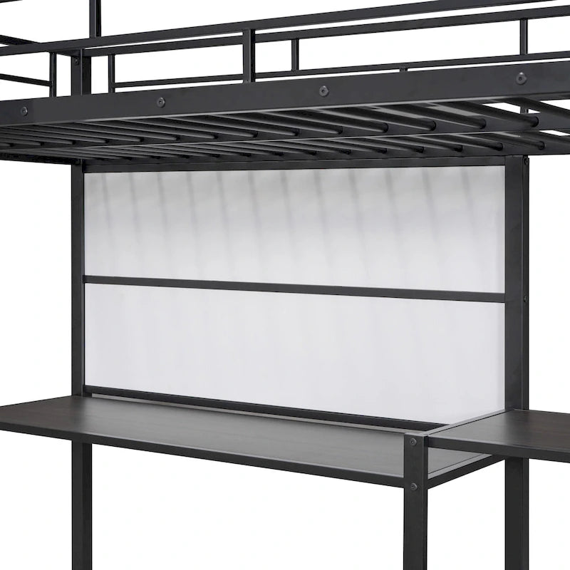 Lit mezzanine en acier avec bureau, tableau blanc intégré, 3 étagères à gauche et échelle intégrée
