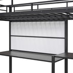 Lit mezzanine en acier avec bureau, tableau blanc intégré, 3 étagères à gauche et échelle intégrée