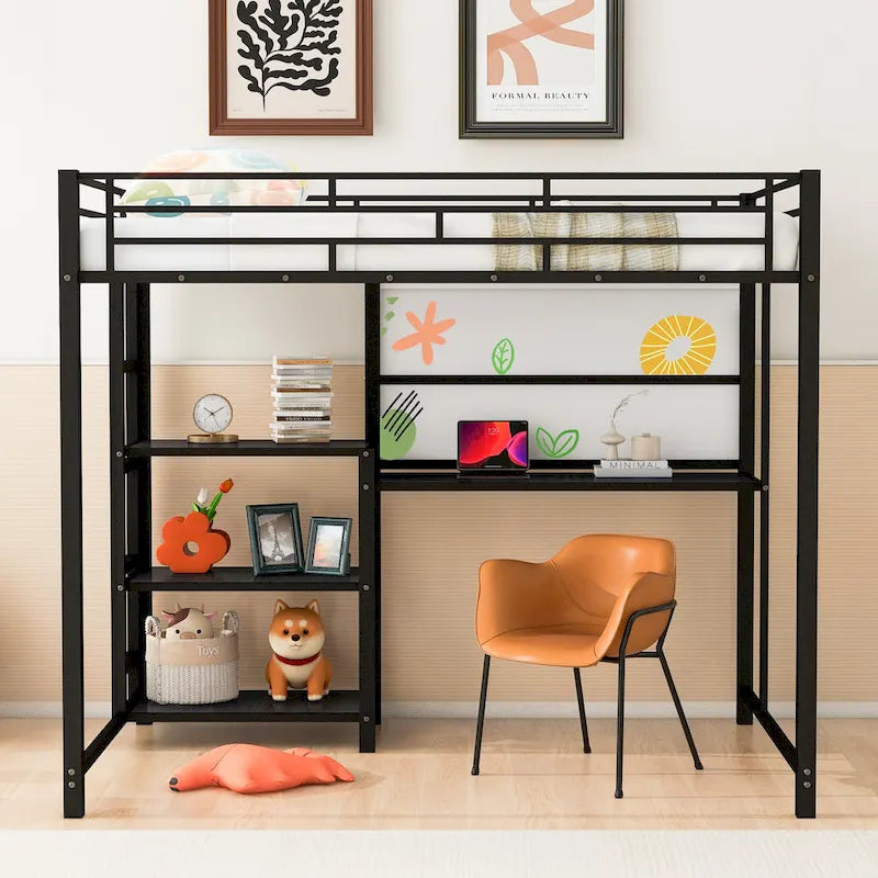 Lit mezzanine en acier avec bureau, tableau blanc intégré, 3 étagères à gauche et échelle intégrée