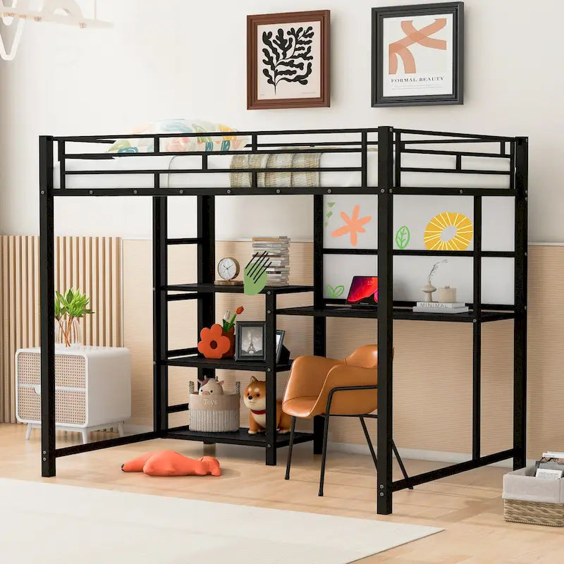 Lit mezzanine en acier avec bureau, tableau blanc intégré, 3 étagères à gauche et échelle intégrée