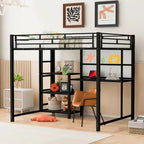 Lit mezzanine en acier avec bureau, tableau blanc intégré, 3 étagères à gauche et échelle intégrée