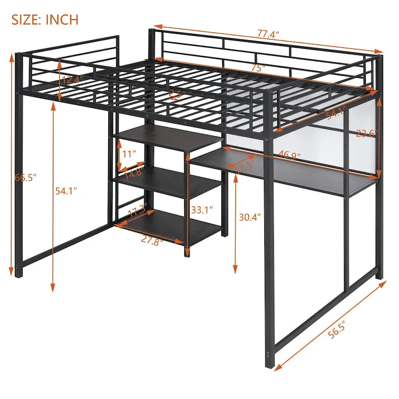 Lit mezzanine en acier avec bureau, tableau blanc intégré, 3 étagères à gauche et échelle intégrée