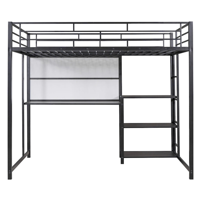 Lit mezzanine en acier avec bureau, tableau blanc intégré, 3 étagères à gauche et échelle intégrée