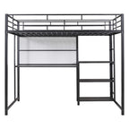Lit mezzanine en acier avec bureau, tableau blanc intégré, 3 étagères à gauche et échelle intégrée