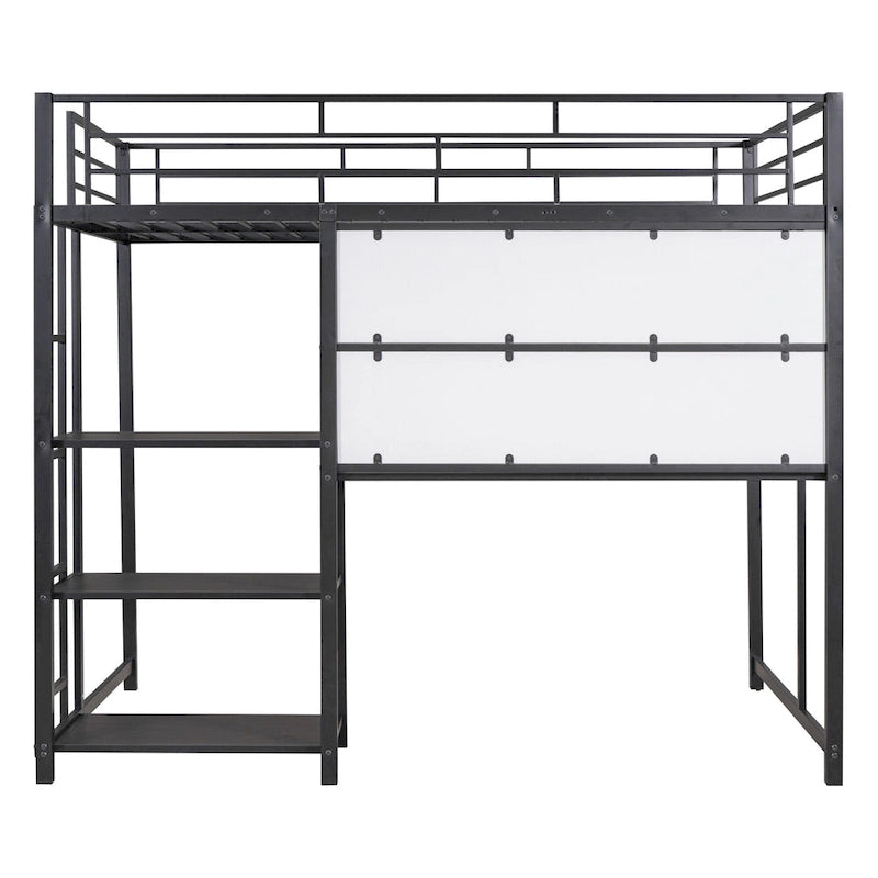 Lit mezzanine en acier avec bureau, tableau blanc intégré, 3 étagères à gauche et échelle intégrée