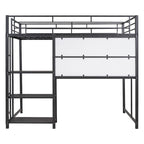 Lit mezzanine en acier avec bureau, tableau blanc intégré, 3 étagères à gauche et échelle intégrée