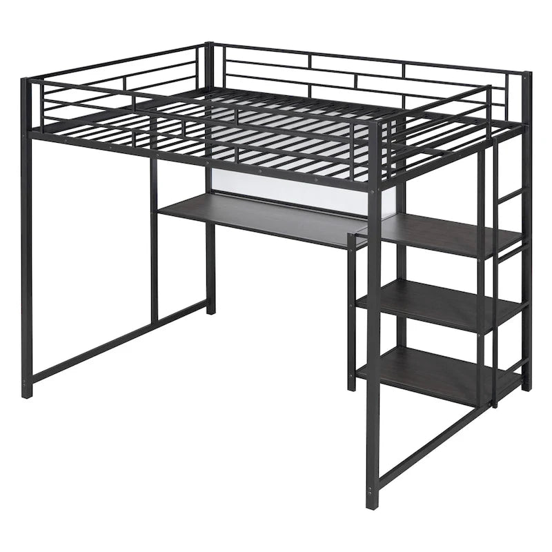 Lit mezzanine en acier avec bureau, tableau blanc intégré, 3 étagères à gauche et échelle intégrée