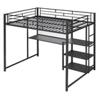 Lit mezzanine en acier avec bureau, tableau blanc intégré, 3 étagères à gauche et échelle intégrée