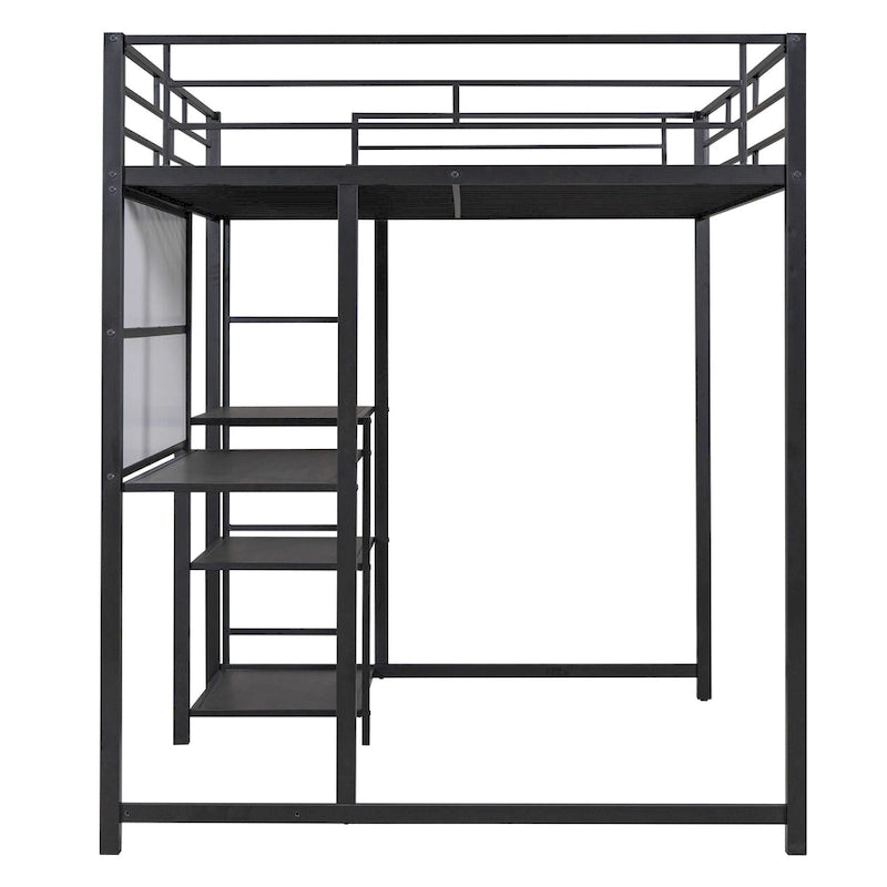 Lit mezzanine en acier avec bureau, tableau blanc intégré, 3 étagères à gauche et échelle intégrée