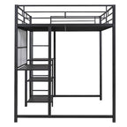 Lit mezzanine en acier avec bureau, tableau blanc intégré, 3 étagères à gauche et échelle intégrée
