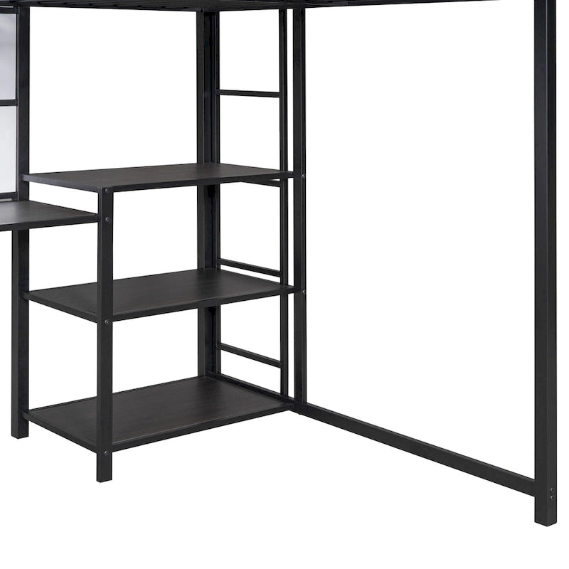 Lit mezzanine en acier avec bureau, tableau blanc intégré, 3 étagères à gauche et échelle intégrée