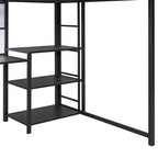 Lit mezzanine en acier avec bureau, tableau blanc intégré, 3 étagères à gauche et échelle intégrée